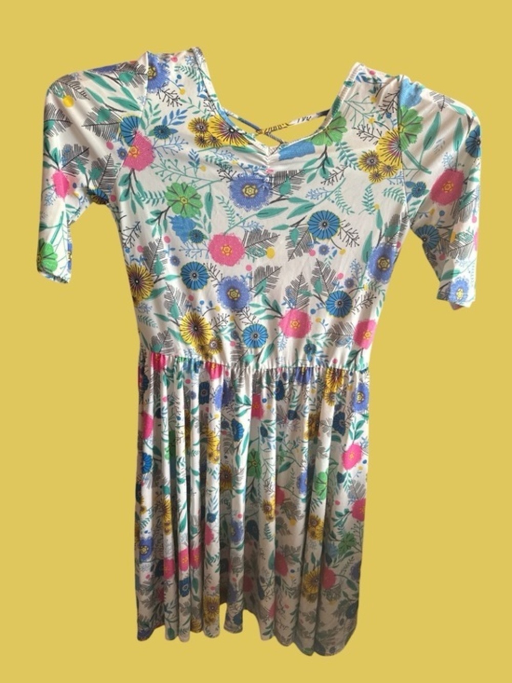 Girls Floral Short Sleeve Dress - White with Pink, Blue & Yellow Flowers Size 11
